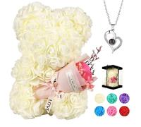 POHOMEGK Valentines Gifts for Her, Valentines Rose Bear, Rose Teddy Bear, Gifts for Women, Valentines Gifts for Kids, Birthday, I Love You Necklace in 100 Languages（White）