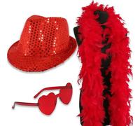 Pohotobooth Props Ltd Sequin Fedora Hat and Heart Glasses Set, or 3-Piece Set with Feather Boa - 1920s Gangster Accessories for Parties - Multiple Colours (Red 3-Piece Hat, Glasses & Boa Set)