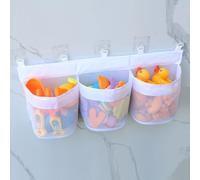 POHOVE Large Bath Toy Storage Organizer, 60cm Thick Mesh Baby Bath Toy Net with 3 Compartments Large Openings, 5 Extra Strong Suction Hooks, Quick-Drying Bathroom Organizer for Shower, Tub, Nursery