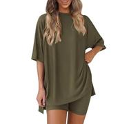 Pohra Bamboo Soft Lounge Set, Bloom and Breeze Cozy Mama Set ,Women 2 Piece Outfits Crew Neck Oversized Tshirts (Green-C,XXL)