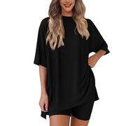 Pohra Bamboo Soft Lounge Set, Bloom and Breeze Cozy Mama Set ,Women 2 Piece Outfits Crew Neck Oversized Tshirts (Black,XXL)