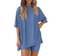 Pohra Bamboo Soft Lounge Set, Bloom and Breeze Cozy Mama Set ，Women 2 Piece Outfits Crew Neck Oversized Tshirts (Blue-A,M)