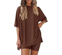 Pohra Bamboo Soft Lounge Set, Bloom and Breeze Cozy Mama Set ,Women 2 Piece Outfits Crew Neck Oversized Tshirts (Brown,XXL)