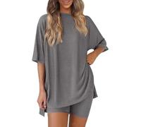 Pohra Bamboo Soft Lounge Set, Bloom and Breeze Cozy Mama Set ,Women 2 Piece Outfits Crew Neck Oversized Tshirts (Gray,XXL)