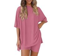 Pohra Bamboo Soft Lounge Set, Bloom and Breeze Cozy Mama Set ，Women 2 Piece Outfits Crew Neck Oversized Tshirts (Pink,M)