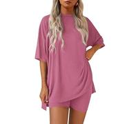 Pohra Bamboo Soft Lounge Set, Oversized Tee and Biker Shorts, Stretchy Cool Pohra Lounge Set for Movement Moms (F,L)