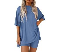 Pohra Bamboo Soft Lounge Set, Oversized Tee and Biker Shorts, Stretchy Cool Pohra Lounge Set for Movement Moms (A,L)