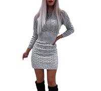 Pohullan Elegant Women Solid Color Knitted Mini Dress O-Neck Long Sleeve Mid Waist Autumn Winter Slim Pullovers Pencil Dress Gray