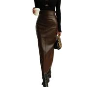 Pohullan Women Soft Brown Faux Leather Maxi Skirt with Back Slit High Waist Long Elegant Office Skirt Brown S