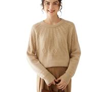 Pohullan Women's Cashmere Sweater Cable Stitch Loose O-Neck Pullover Soft Warm Tops for Fall Winter Beige