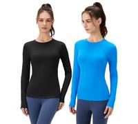 POIHIDE 2 Pack Long Sleeve Sports Tops Activewear Workout Gym Compression T Shirts Crew Neck Yoga Athletic Running Shirt Breathable Thermal Undershirts Base Layer Black,Blue