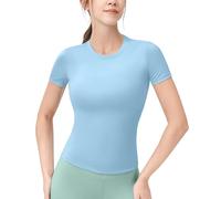 POIHIDE Gym Tops Women Short Sleeve Sports Workout Yoga Top Compression Shirt Lightweight Soft Exercise Running Clothes with Slim Fit Sky Blue