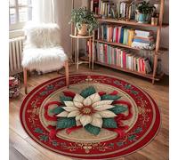 Poinsettia Area Rug, Christmas Traditional Ribbons Leaves Christmas Red Non-Slip Backing Home Floor Doormat Circle Print Accents Rug Bathroom Bedside Entryway Door Decor 4' X 4'