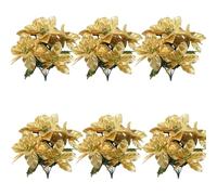Poinsettia Artificial Flowers 7 Heads Artificial Poinsettia Bushes Fake Flowers Artificial Christmas Flower Silk Poinsettia Arrangement for Christmas Tree New Year Holiday Decoration (Gold, 6 PCS)
