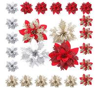 Poinsettia Artificial Flowers Christmas Wreath Decorations Glitter Artificial Poinsettia Christmas Flowers Floral Accessories for Christmas Tree Ornaments Xmas Garland Wreath DIY Decorations Supplies