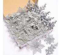 Poinsettia Artificial Flowers Set, 22 Pcs Christmas Flowers for Tree with 16 Poinsettia & 6 Berries Picks, Xmas Tree Flower Decorations for Festive Home Decor Silver