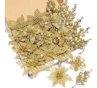 Poinsettia Artificial Flowers Set, 22 Pcs Christmas Flowers for Tree with 16 Poinsettia & 6 Berries Picks, Xmas Tree Flower Decorations for Festive Home Decor Gold