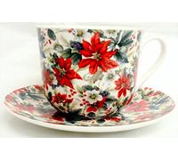 Poinsettia Breakfast Cup & Saucer Fine Bone China Large Christmas Cup & Saucer Set Hand Decorated in The U.K. Free UK Delivery