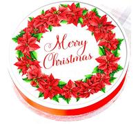 Poinsettia Cake Topper - Merry Christmas Edible Decoration - Icing or Wafer - 7.5" Round (Wafer)