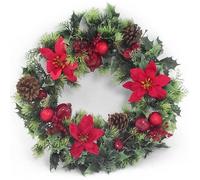 Poinsettia Christmas Wreath, 10" & 16" | Artificial Wreath for Front Door, Wall, or Holiday Decor (Red Baubles, 16" (41cm))