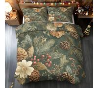 Poinsettia Duvet Cover Emperor, Berry Pine Cones Bedding Set 3 Piece Soft Microfiber Quilt Cover Reversible Duvet Sets with 2 Pillows Zipper Closure L-43