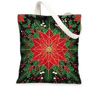 Poinsettia Floral Holiday Christmas Canvas Tote Bag 13x15 Inch | Symmetrical Botanical Print, Pine Needles And Cones, Holly Berries, Vibrant Winter Floral, Festive Seasonal Accessory