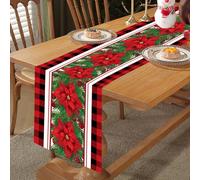 Poinsettia Holly Table Runner, Linen Christmas Table Runner, Red Black Buffalo Plaid Seasonal Winter Xmas Holiday Kitchen Dining Table Decoration for Indoor Outdoor Home Party Christmas Decor,14"x72"