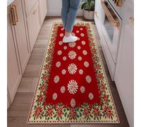 Poinsettia Runner Rug, Christmas Festive Swirl Floral Christmas Red Low Pile Home Floor Rectangle Print Carpet for Kitchen Entryway Bedside Doorway Hallway Decor 2x6 Ft