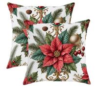Poinsettia Throw Pillow Covers Set of 2, Christmas Traditional Leaves Gold Ornaments Xmas Red Soft Velvet Washable Square Pillow Cases for Home Living Room Bedroom Dorm Couch Decor 14x14 Inch