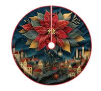 Poinsettia Tree Skirt, Christmas Festive Leaves Buildings Christmas Red Under Tree Holiday Decorations for Home Church Indoor Outdoor Festival Party Decor 48 Inch