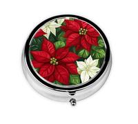 Poinsettias Small Pill Box 3 Compartment Portable Pill Box for Purse Pocket Red Flower Mini Medicine Organiser for Daily Vitamin Fish Oil Storage