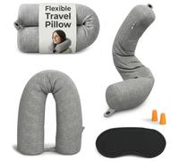 Point2Points Twist Memory Foam Travel Pillow, Bendable, Adjustable, 25.2 in | Your head stays put: the bendable neck pillow twists, locks with a front snap, eye mask, earplugs, washable cotton cover