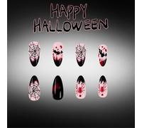 Pointed Press-on Manicure Tips for Halloween Costume Looks, Black French Fake Tips with Web Bat Pattern, 24 Piece Wearable Fingertip Set Gothic Press Ons Artificial Stick on Costume Manicure Cosplay