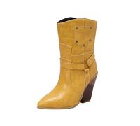 Pointed Toe Cowboy Ankle Boots for Woman Y2K Fashionable Textured Block Colours Retro Cowgirl Booties Block Mid Heels Western Hipster Streetwear Winter Plush Lined Party Concert Daning Shoes Yellow