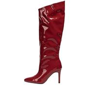 Pointed Toe Knee High Boots for Women UK Glossy Leather Spike Heel Womens Slip On Sharp Toe Wrinkled Gathered Glamorous Hot Evening Date Night Comfy Stylish Dress Shoes Red, Size 4.5