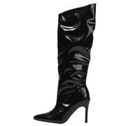 Pointed Toe Knee High Boots for Women UK Glossy Leather Spike Heel Womens Slip On Sharp Toe Wrinkled Gathered Glamorous Hot Evening Date Night Comfy Stylish Dress Shoes Black, Size 5.5