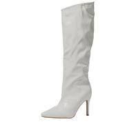 Pointed Toe Knee High Boots for Women UK Glossy Leather Spike Heel Womens Slip On Sharp Toe Wrinkled Gathered Glamorous Hot Evening Date Night Comfy Stylish Dress Shoes White, Size 4