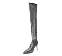 Pointed Toe Stiletto High Heel Over The Knee Boots Stretch Fit Evening Party Dress Thigh High Boots Elegant Slip On Sparkling Fishnet Design (Black, 3.5)