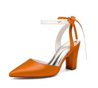 Pointed Toe Wedding Satin Pearl Strap Block Heel Bridal Pumps 8.5Cm | Elegant pumps featuring a classic pointed toe, and stable block heel, available in multiple options.