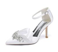 Pointed Toe White Wedding Shoes for Bride High Heels Satin Bridal Shoes Ankle Strap Crystal White Heels Dress Shoes for Women Pumps, Women's High Heels, Evening Sandals,A,39