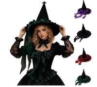 Pointed Witch Hat Ruffled Satin Brim Big Bow Fancy Dress Halloween Ladies | Classic conical cap with frilled satin edge and large ribbon tie flowing sheer strings perfect for role play stage carnival