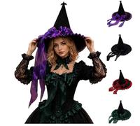 Pointed Witch Hat Ruffled Satin Brim Big Bow Fancy Dress Halloween Ladies | Classic conical cap with frilled satin edge and large ribbon tie flowing sheer strings perfect for role play stage carnival