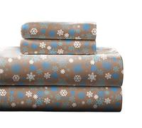 pointehaven Heavy Weight Flannel Cotton Sheet Set, King, Snow Flakes/Tan