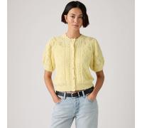 Pointelle Short Sleeve Crew Neck Cardigan Vanilla Yellow