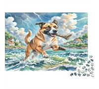 Pointer Cardboard Mixed Breed Dog Playing in Waves with Stick Premium Jigsaw Puzzle for Seniors Brain Training 52x38cm/1000pcs