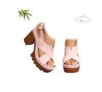 POIOZXD Women's Criss-Cross Strap Platform Sandals, Open Toe Platform Chunky Heels for Women Ankle Buckle Comfortable Dressy Shoes for Wedding Party (Pink,6)