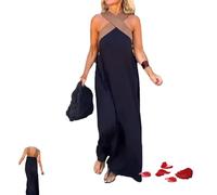 POIOZXD Women's Cross Halter Neck Sleeveless Stitching Dress,2025 Cross Backless Contrast Color Elegant Dress Maxi Dresses (Black,S)