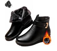 POIOZXD Women's Metal Buckle Genuine Leather Wool Orthopedic Boots, Winter Warm Non-slip Plush Lined Side Zipper Ankle Middle-aged Boots Booties (Black,38EU)