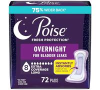 Poise Incontinence Pads & Postpartum Incontinence Pads, 8 Drop Overnight Absorbency, Extra-Coverage Length, 72 Pads (2 Packs of 36), Packaging May Vary