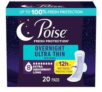 Poise Overnight Ultra Thin Incontinence & Postpartum Pads with Wings for Bladder Leaks, 8 Drop Extra Absorbent, Long Length, 20 Count